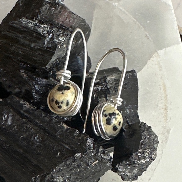 Dalmatian Jasper drops dangle long silver earrings - Picture 1 of 4